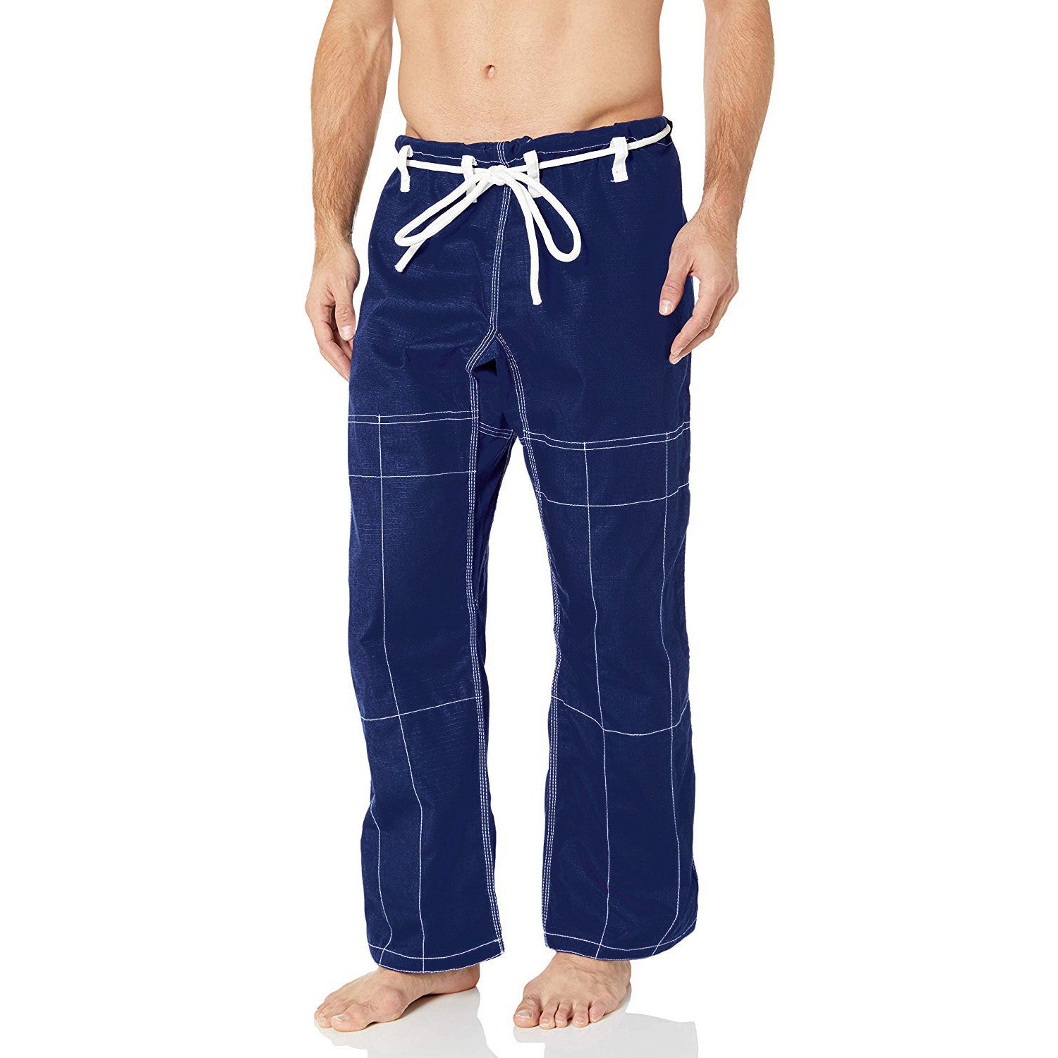 Navy blue swim trunks with white drawstring on a white background