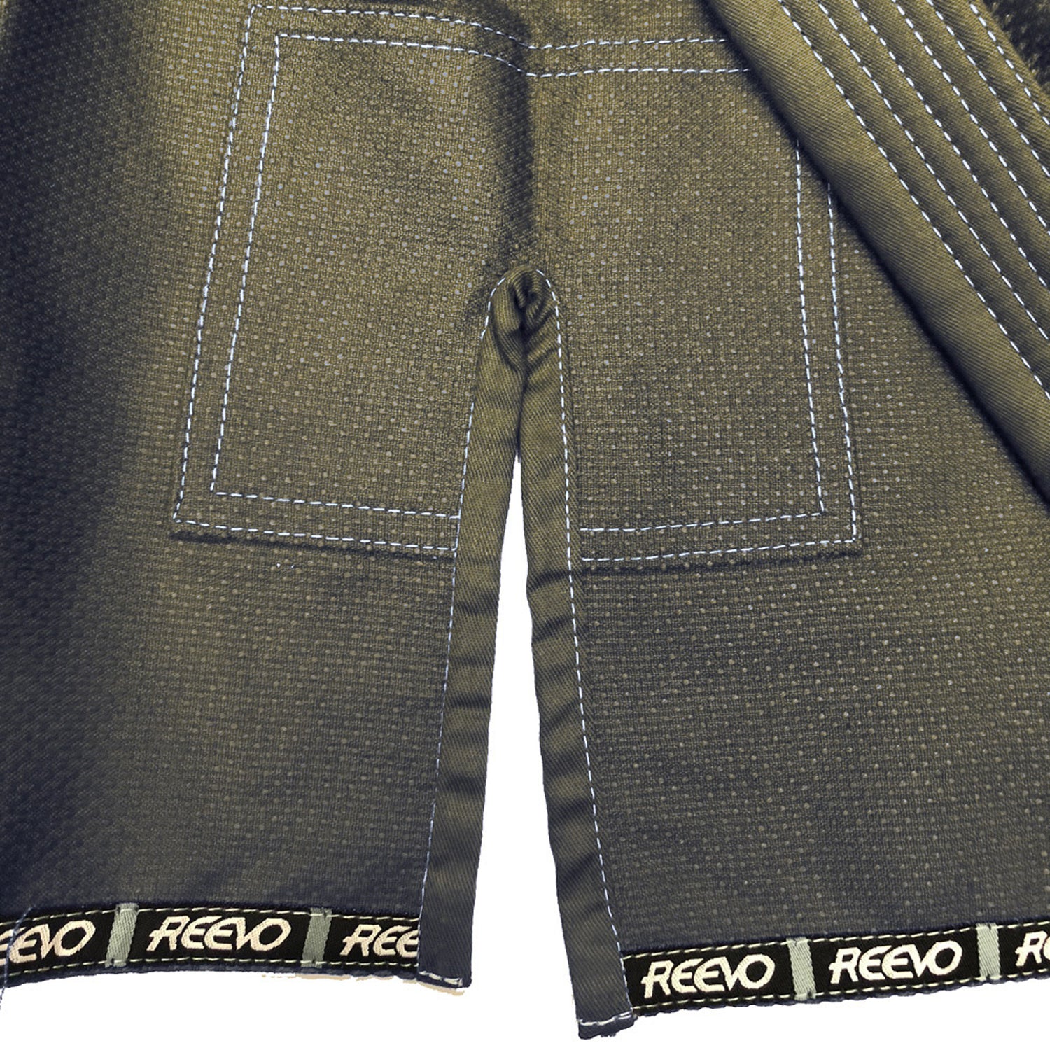 Green Bjj gi with REEVO branding on a white background