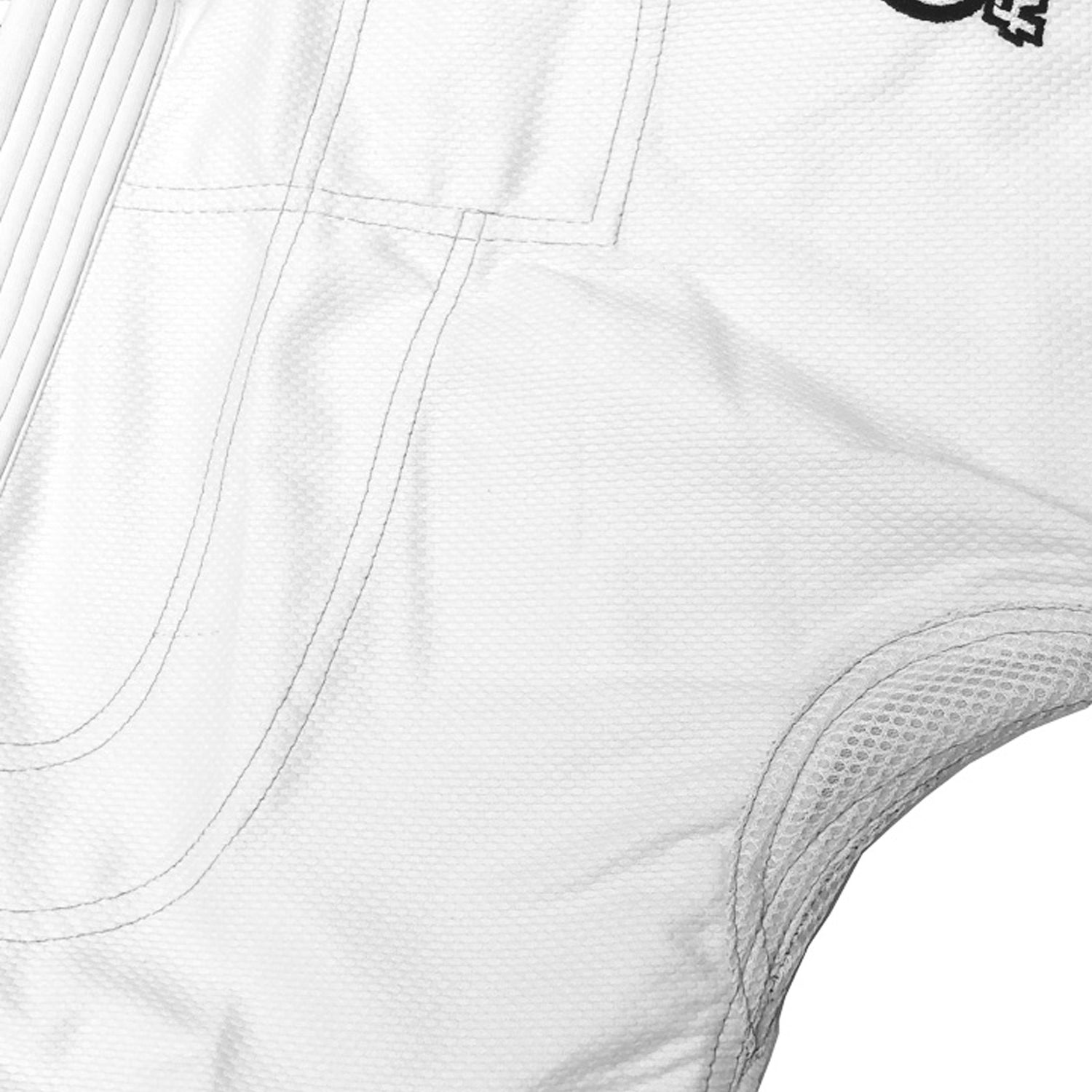 Close-up of a white BJJ Gi with a brand logo on a white background