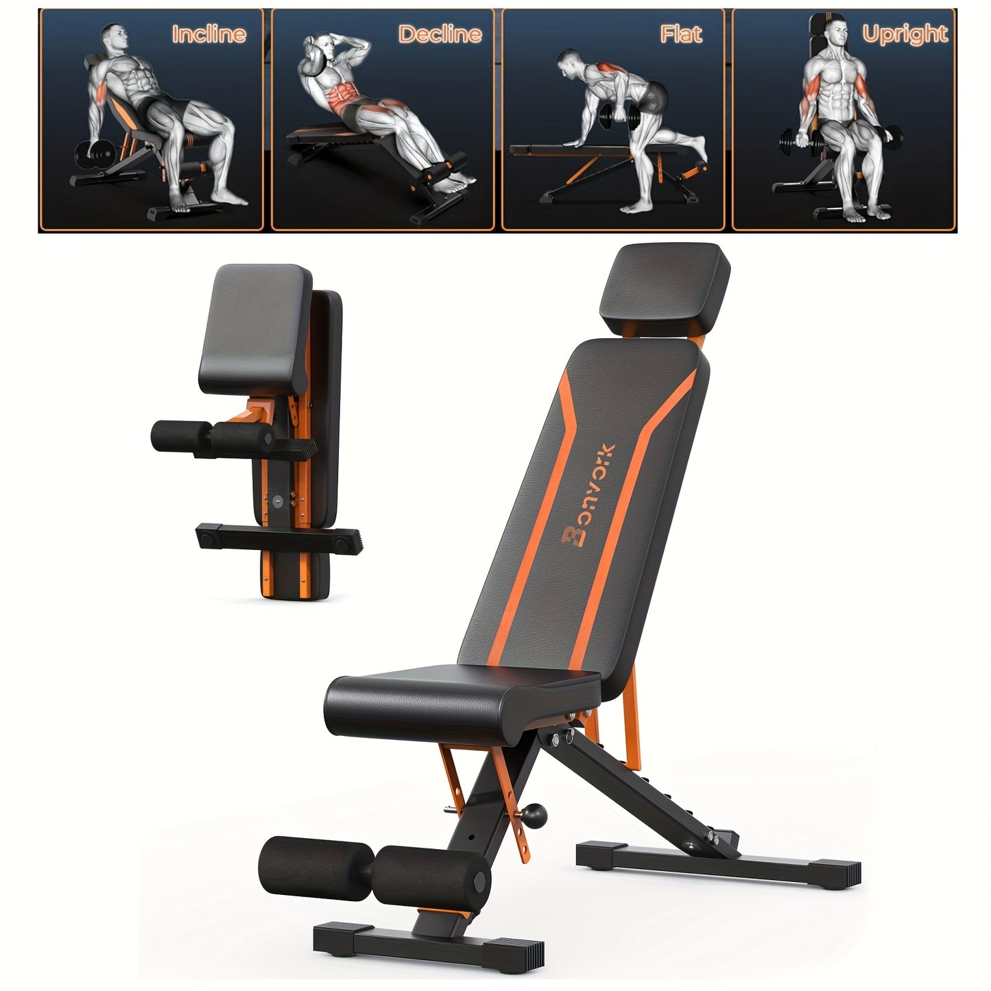 Adjustable weight bench with black and orange design on a white background, featuring various exercise illustrations above.