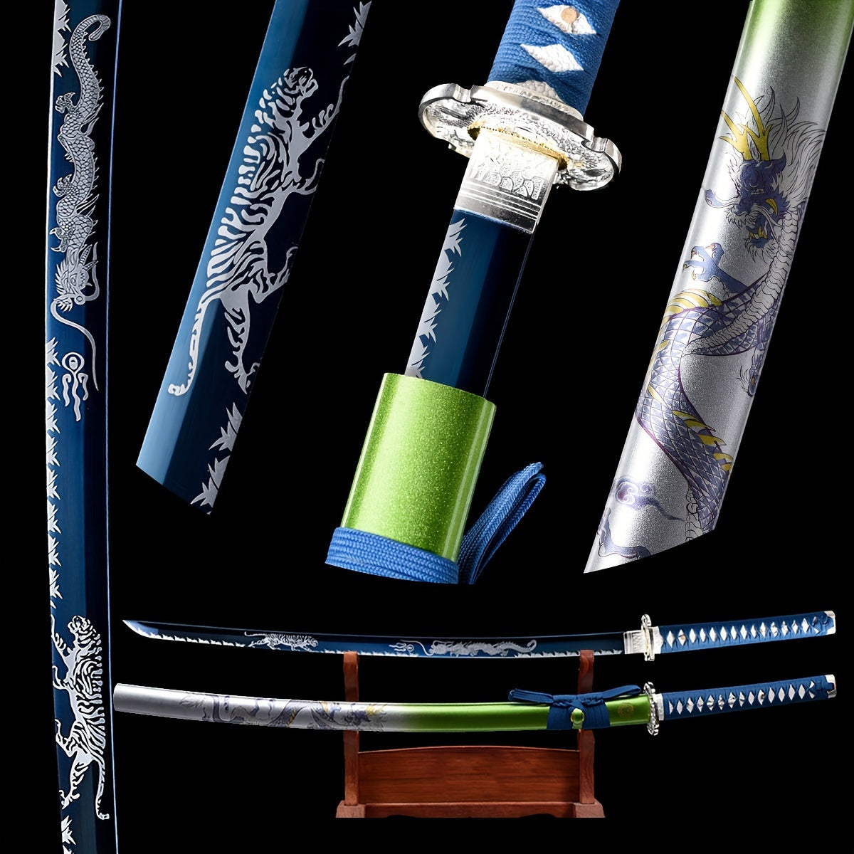 Ronin Samurai Sword set with blue sheathes and green hilt on a black background