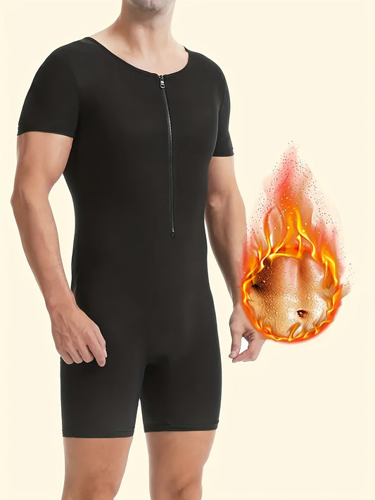 Person wearing a black bodysuit with a flame graphic on a beige background