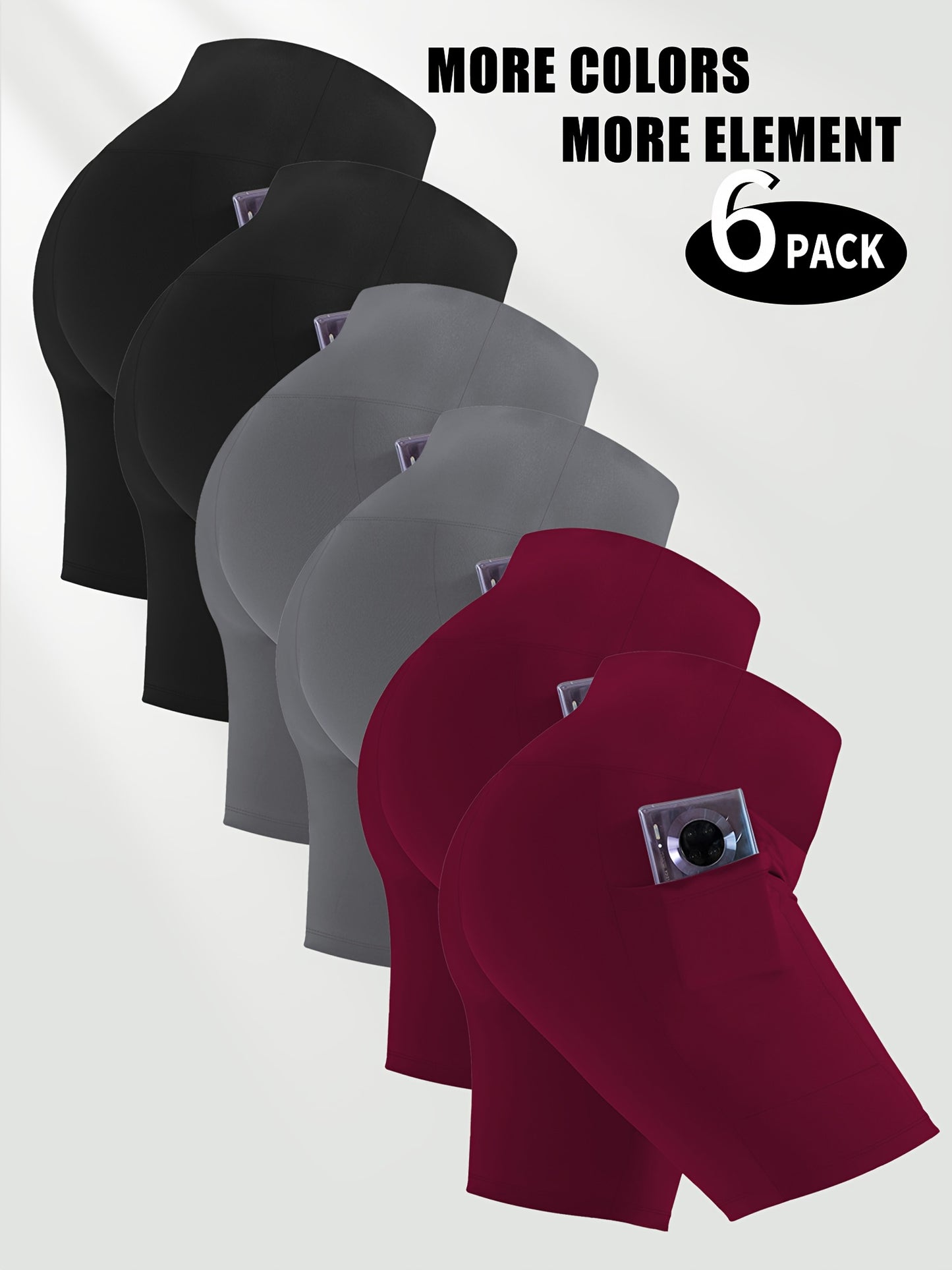 Six women's workout shorts with pockets packages in black, gray, and red on a white background with '6 Pack' branding.