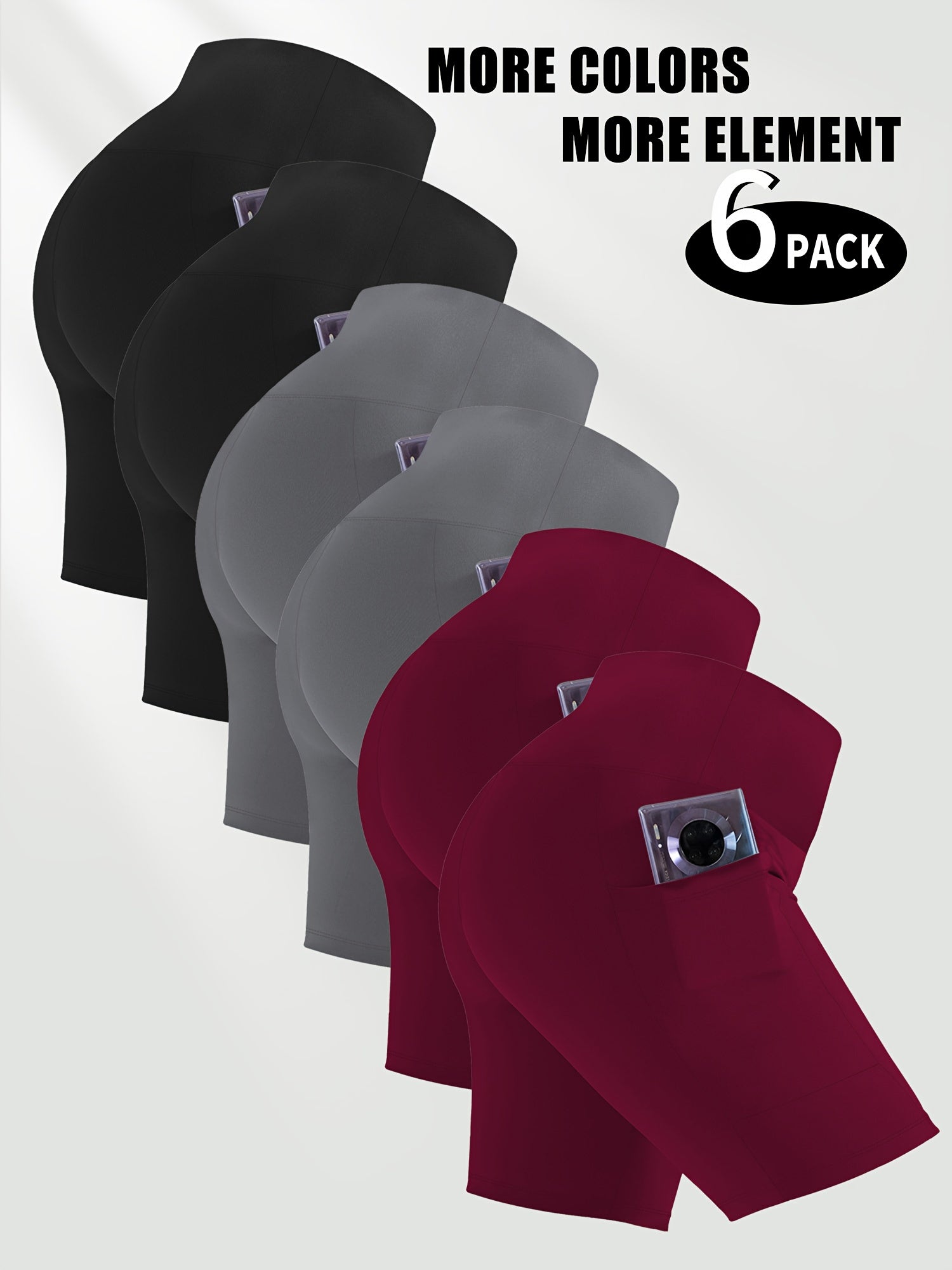 Six women's workout shorts with pockets packages in black, gray, and red on a white background with '6 Pack' branding.