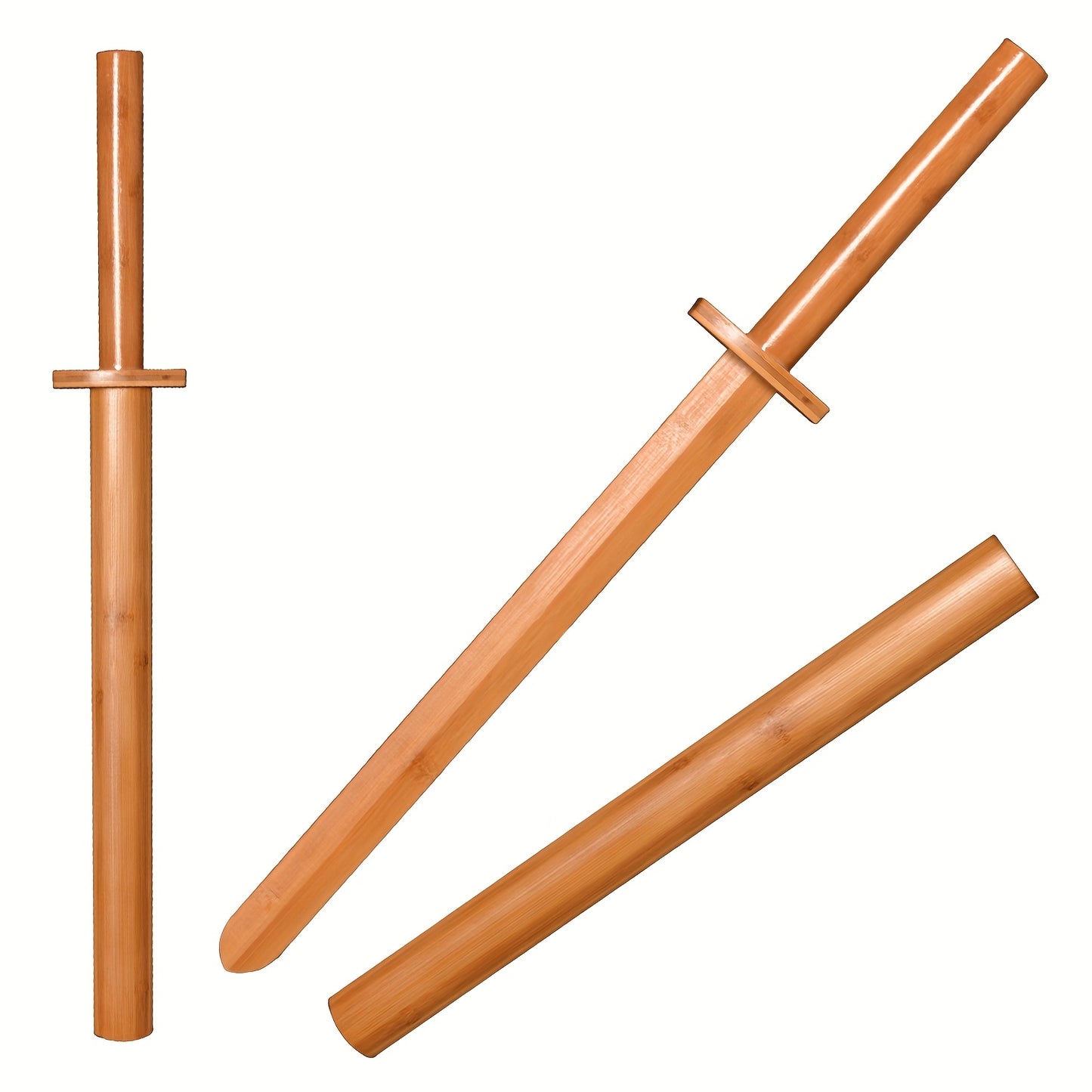 Set of three brown wooden training swords on a white background