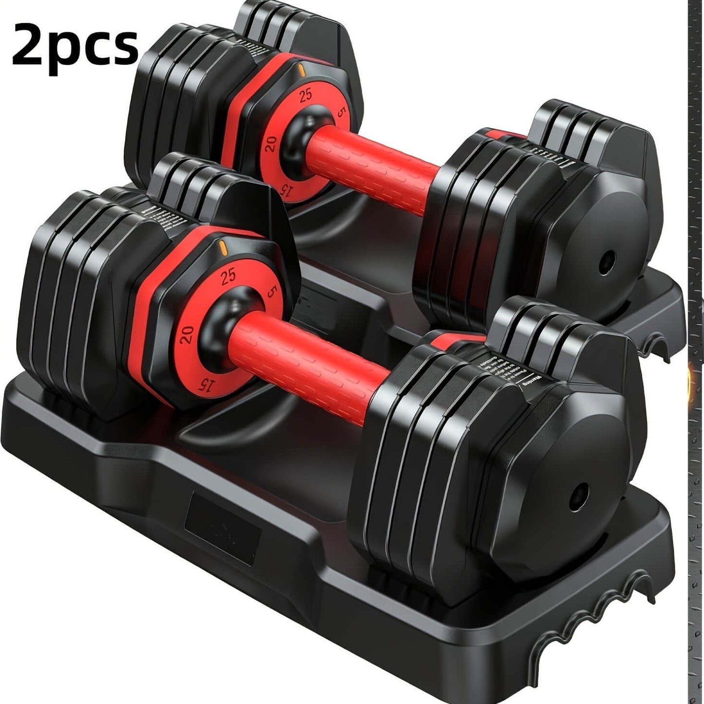 Pair of heavy adjustable dumbbell set with red accents on a black stand.
