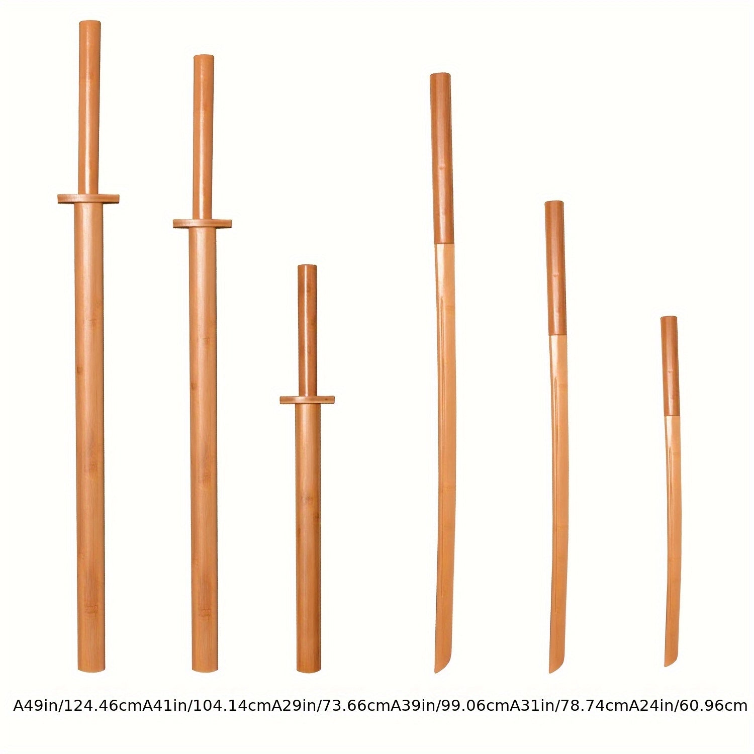 Set of wooden training swords of different lengths on a white background