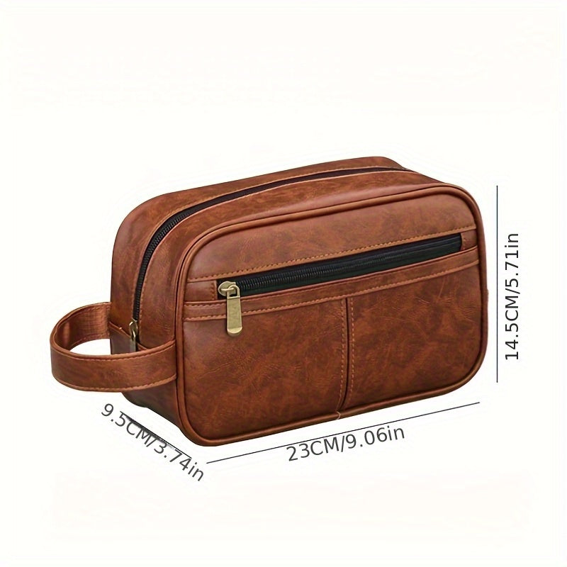 Brown leather toiletry bag with measurements on a white background
