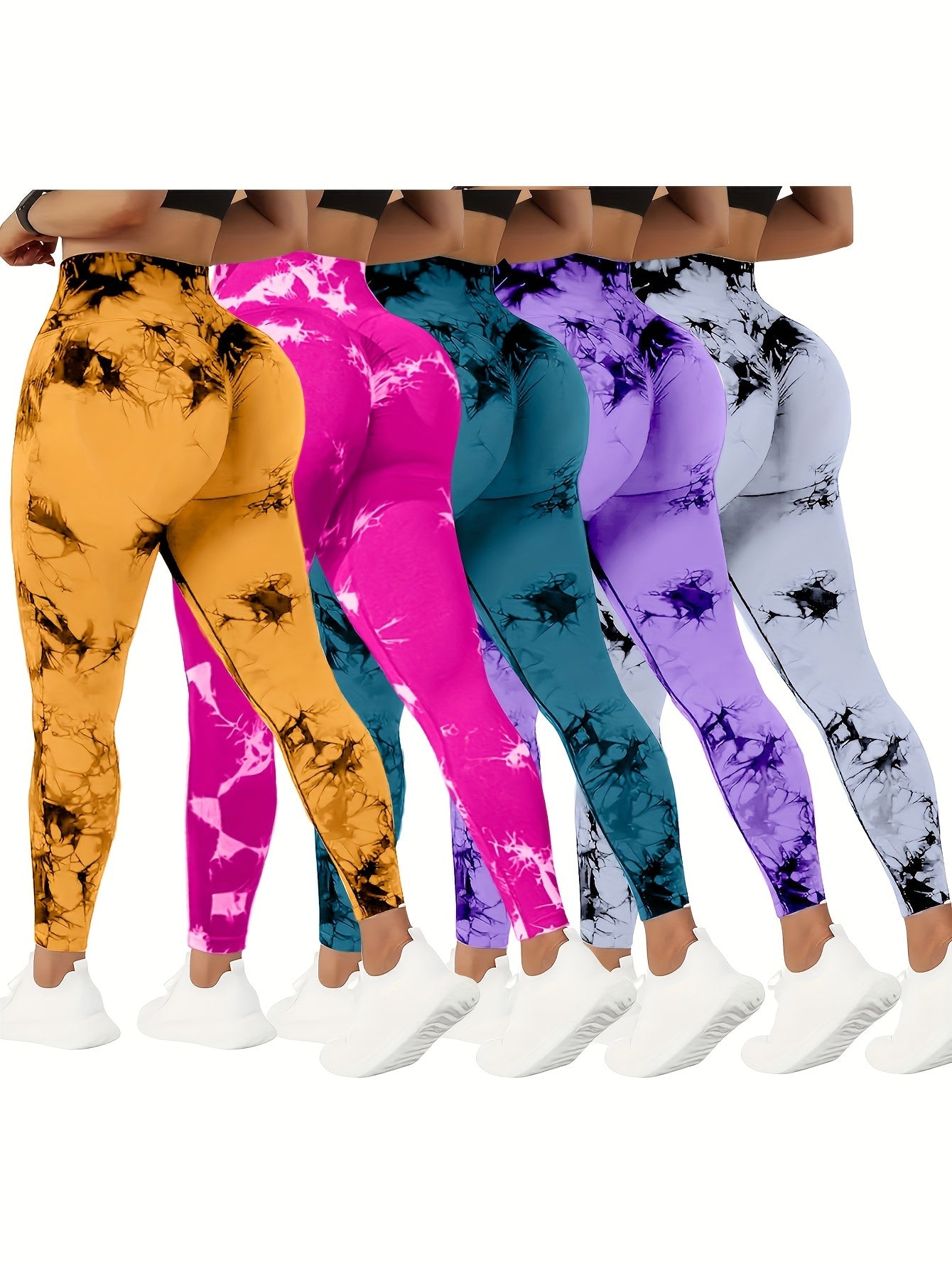 Women wearing different colors of high waisted yoga leggings sold by 100 Spartans