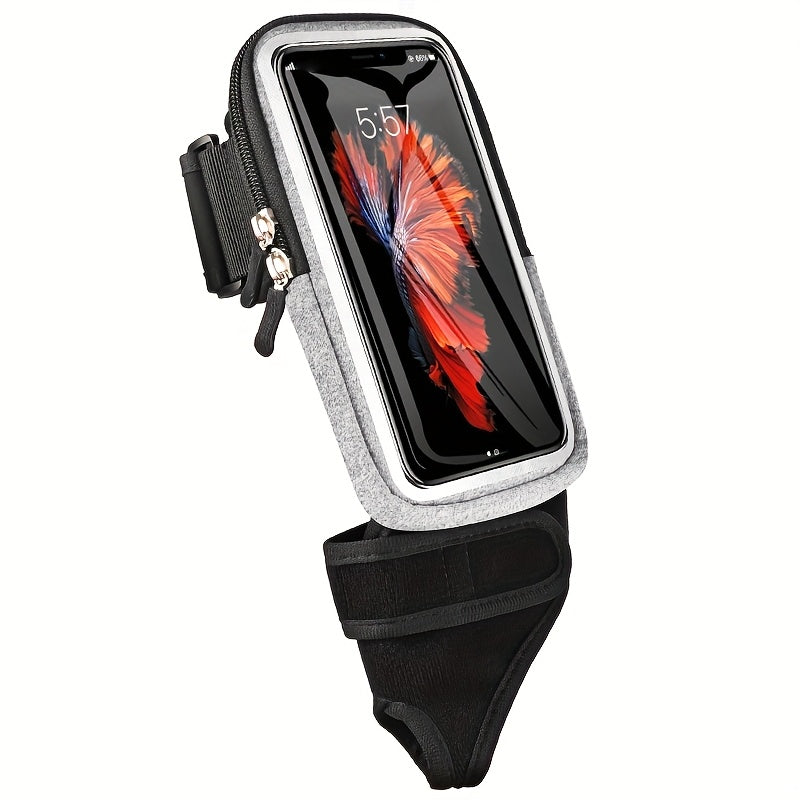 Black and gray phone holder for running with a smartphone displaying a butterfly image on a white background