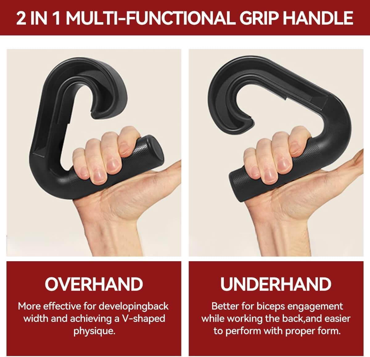 2-in-1 multi-functional grip handle shown in overhand and underhand positions with text explaining their uses.