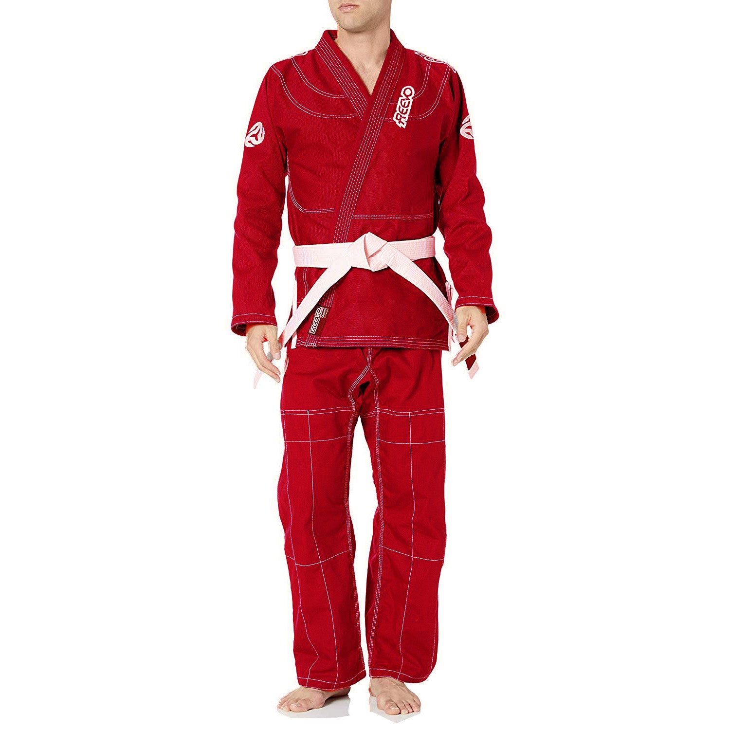 Red martial arts uniform with white belt on a white background