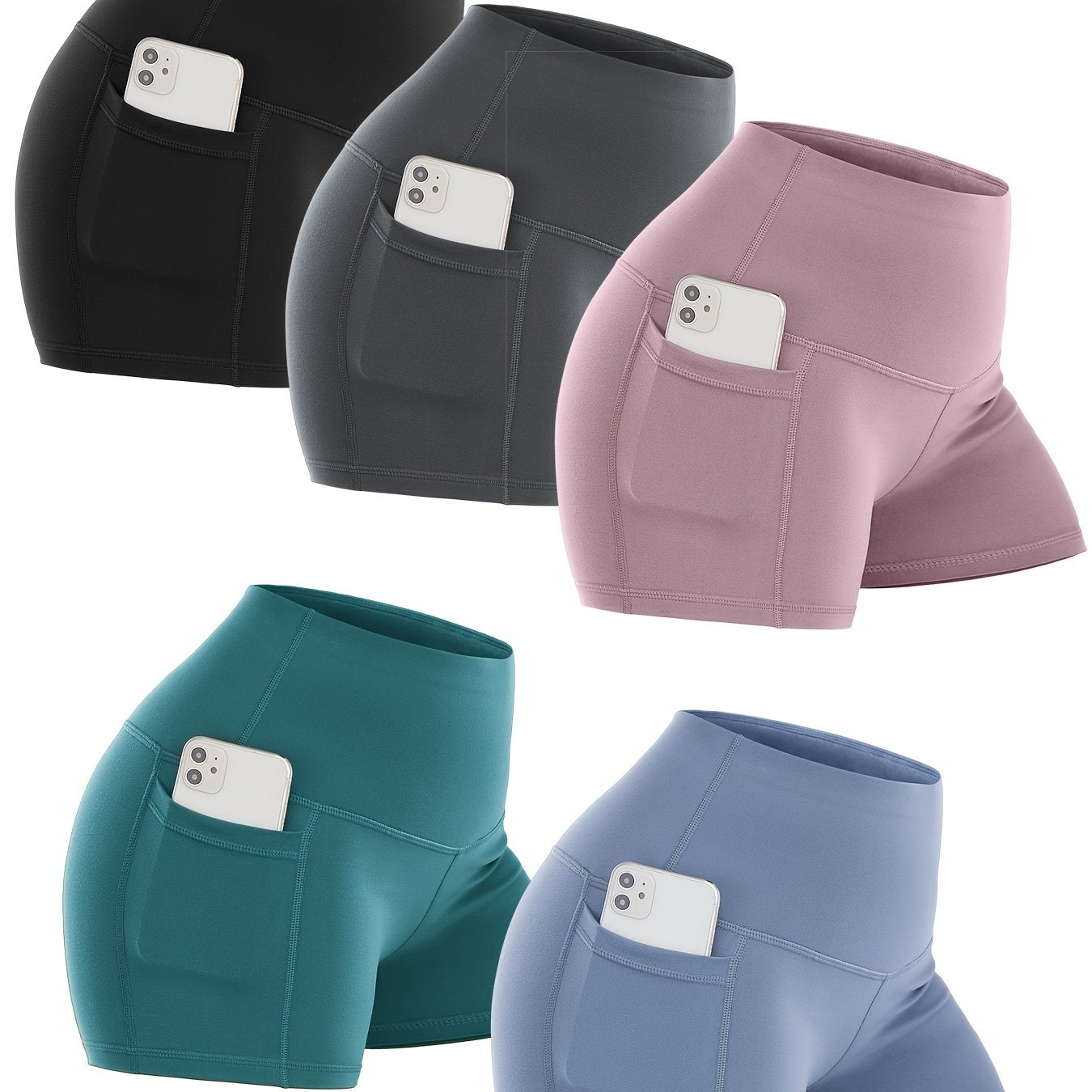 Five pairs of biker shorts with pockets in different colors on a white background.