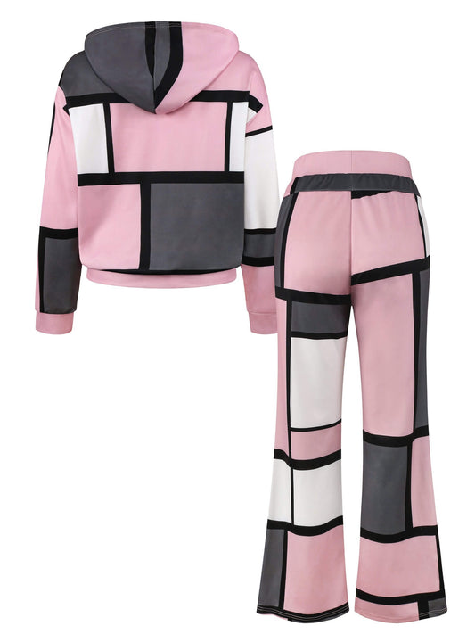 Pink and gray hoodie and pants women's two piece lounge set on a white background