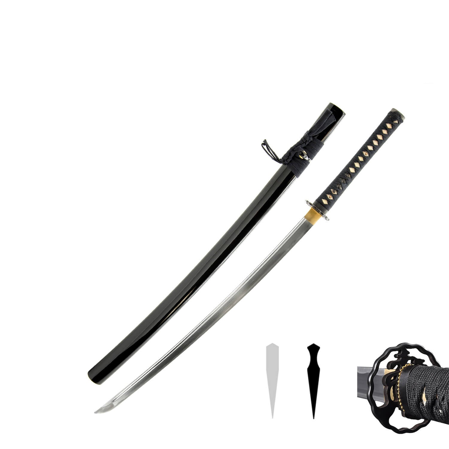 Katana training sword with sheath and accessories on a white background