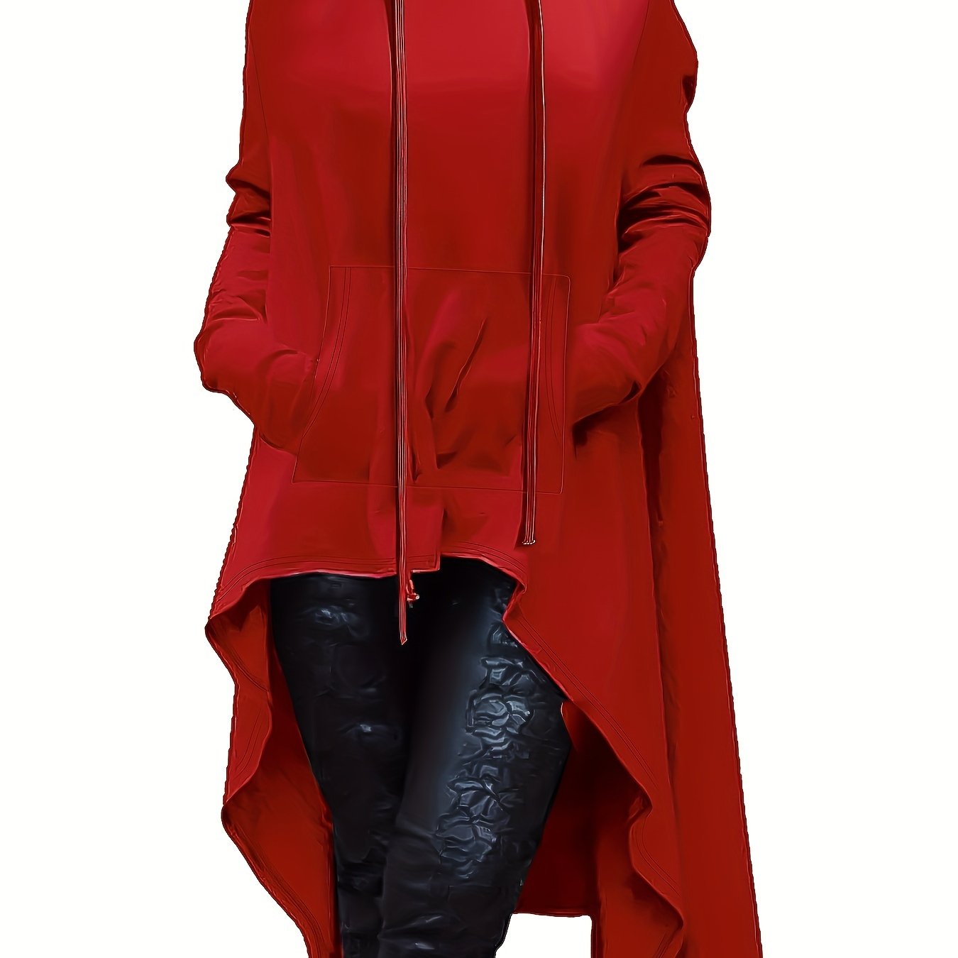 A woman wearing a red women’s oversized hoodie sold by 100 Spartans