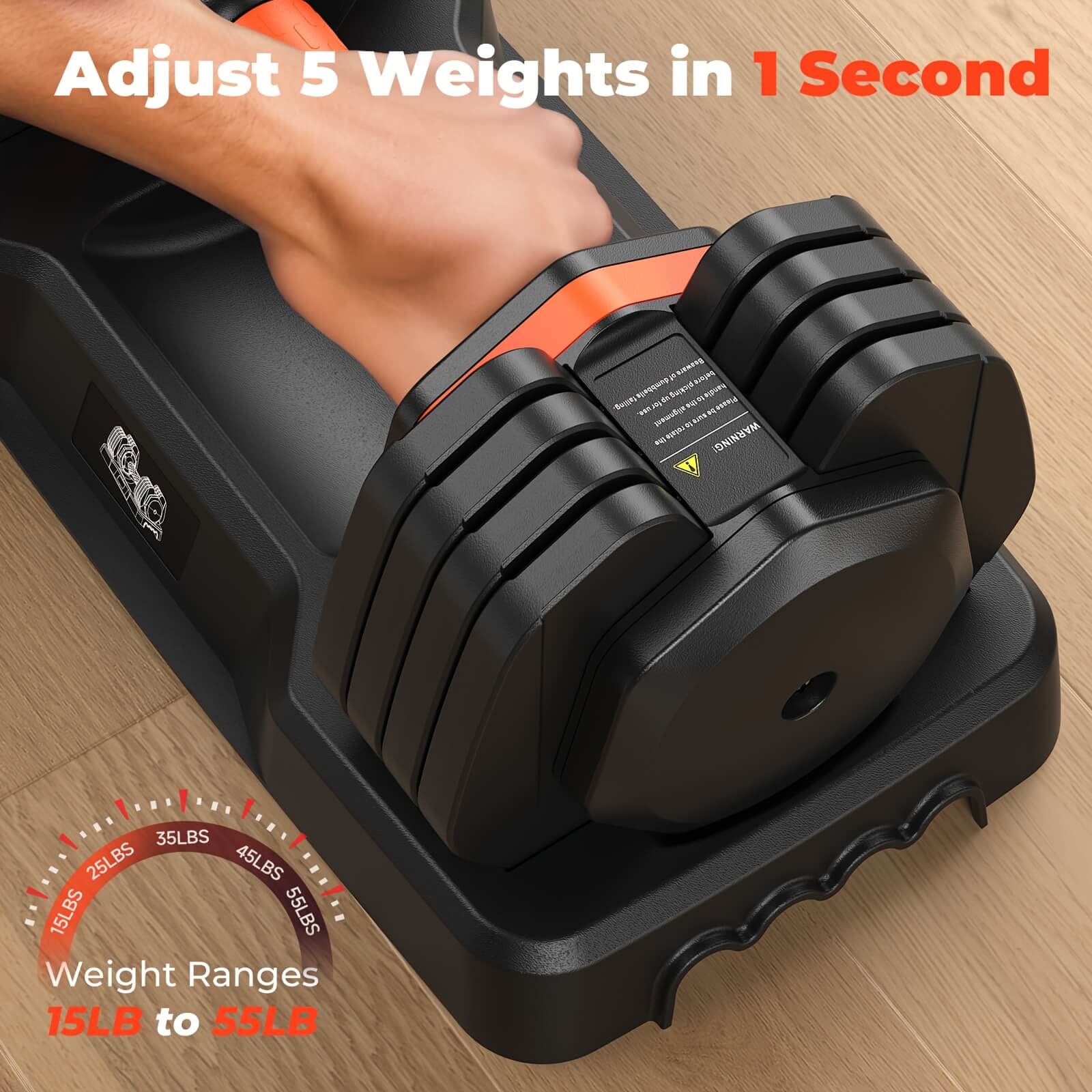 Adjustable dumbbell set with weight ranges displayed on a wooden floor.