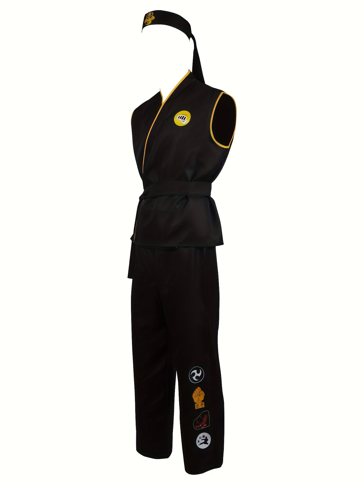Black Taekwondo uniform with yellow accents on a white background