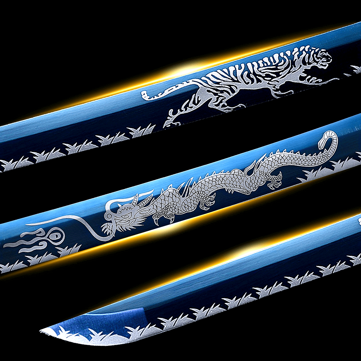 Ronin Samurai Swords with engraved dragons and tigers on a black background