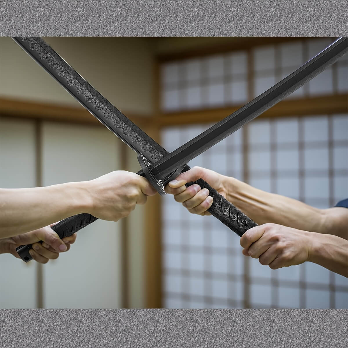 Two people holding samurai training swords in a traditional Japanese setting