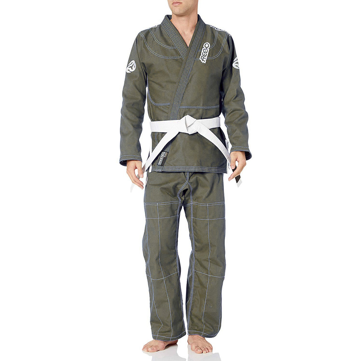 Person wearing a green martial arts uniform with white belt on a white background