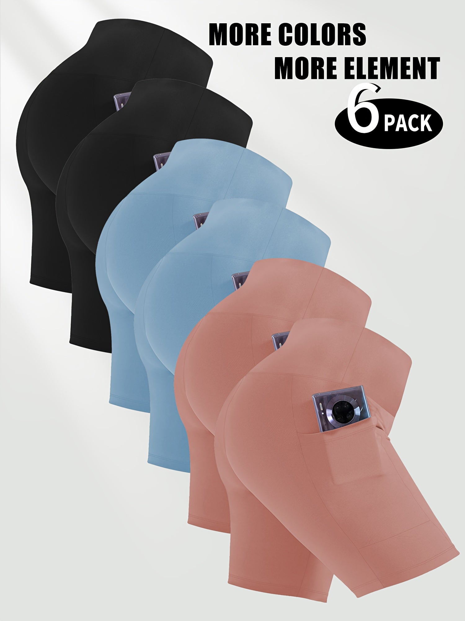 Six pairs of women's workout shorts with pockets in black, blue, and pink on a white background with '6 Pack' branding.