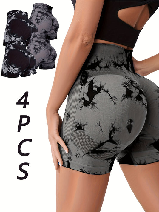 Gray patterned women's yoga shorts with a close-up inset and '4 PCS' text on a white background