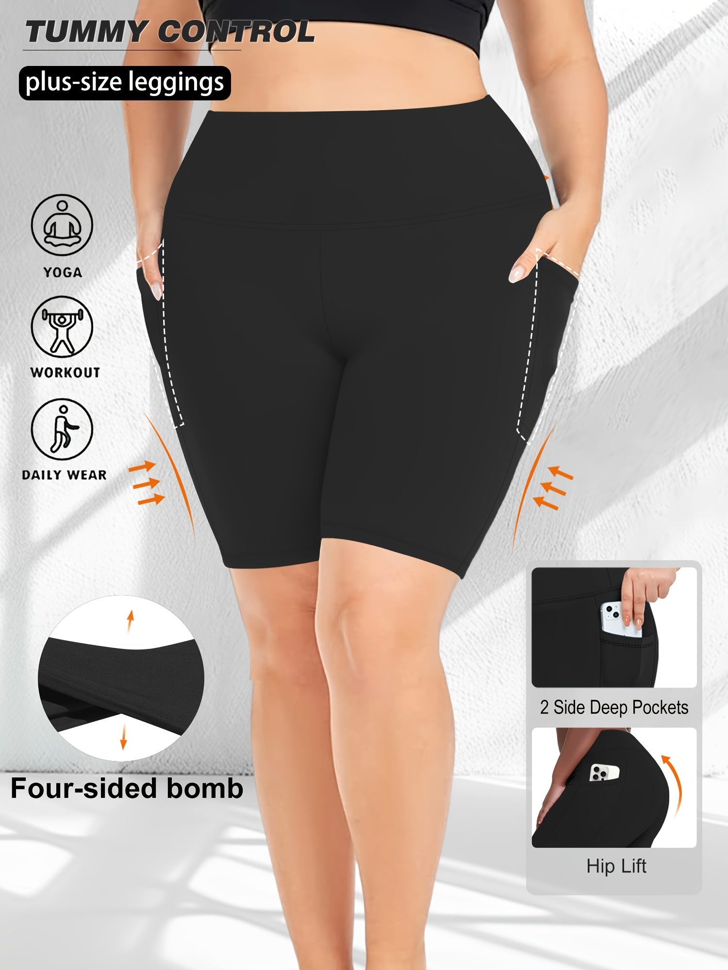 Black plus-size women's workout shorts with pockets with features highlighted on a white background