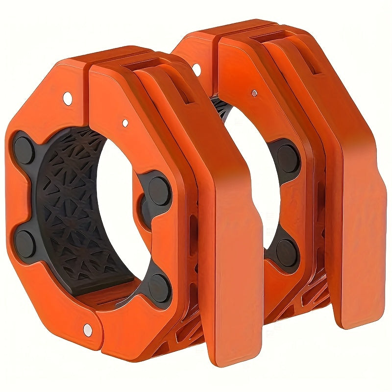 Two orange barbell clamps on a white background