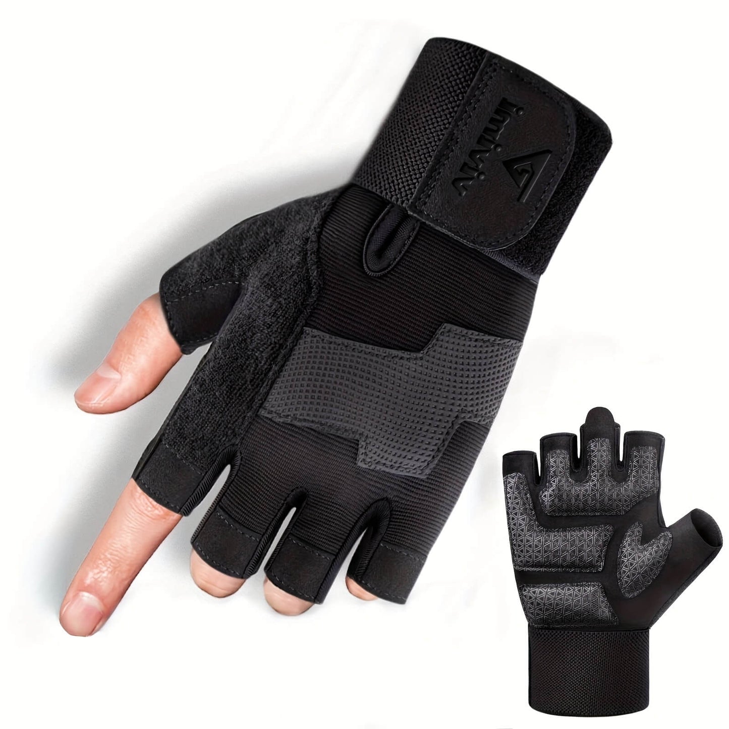 Black and gray weightlifting workout gloves with fingerless design on a white background