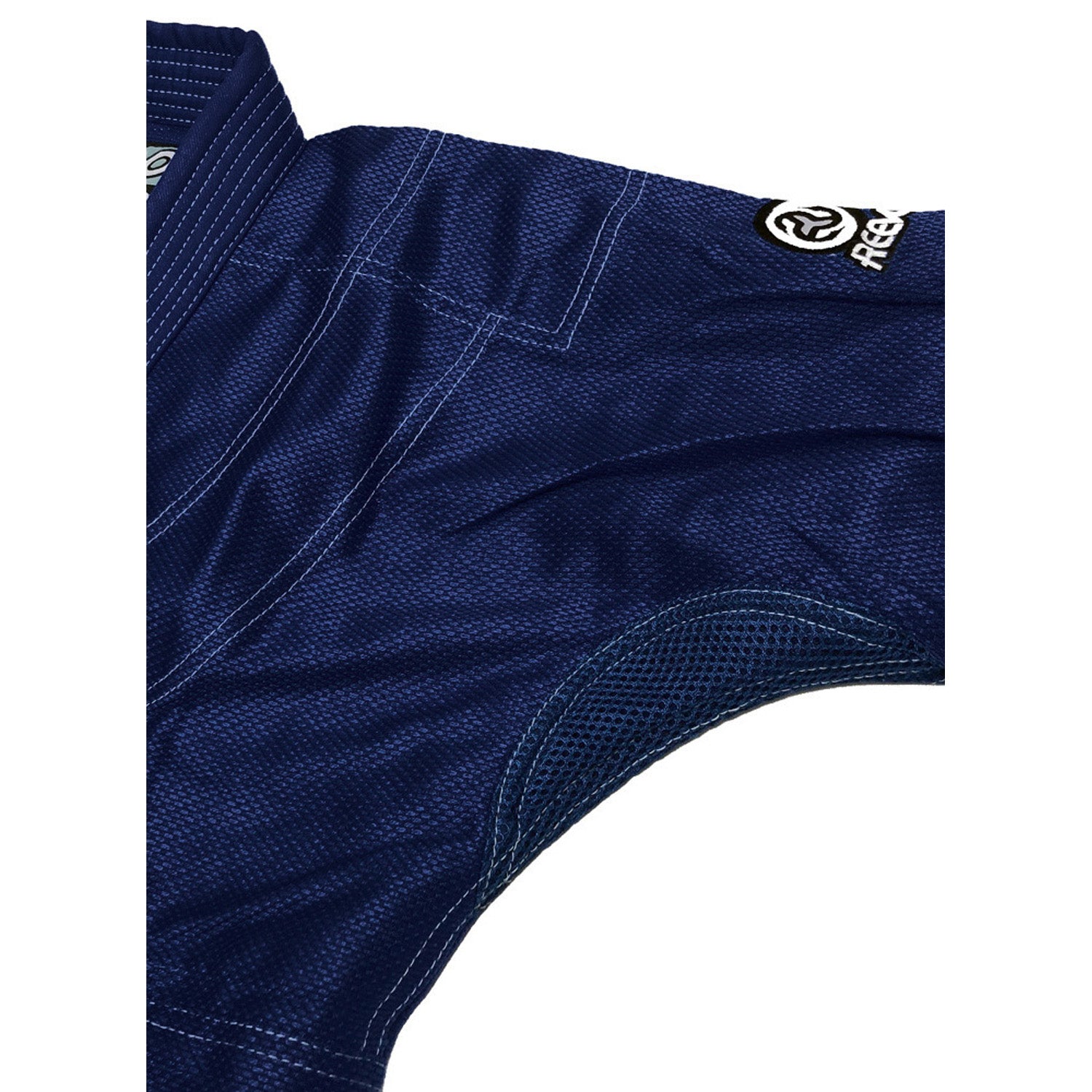 Close-up of a navy blue athletic shirt with a brand logo on a white background