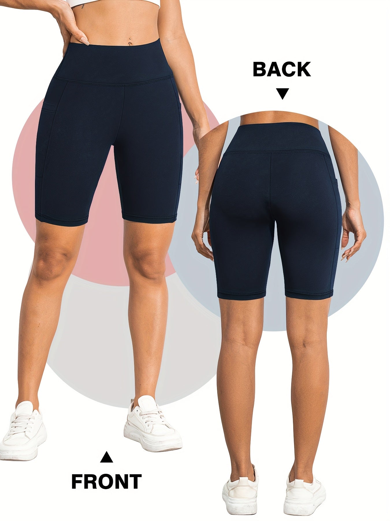 Black women's workout shorts with pockets shown from front and back on a white background