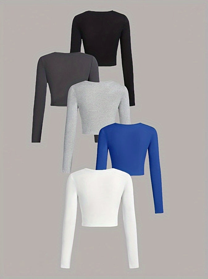 Five long-sleeve crop tops in black, gray, blue, white, and red on a light gray background.