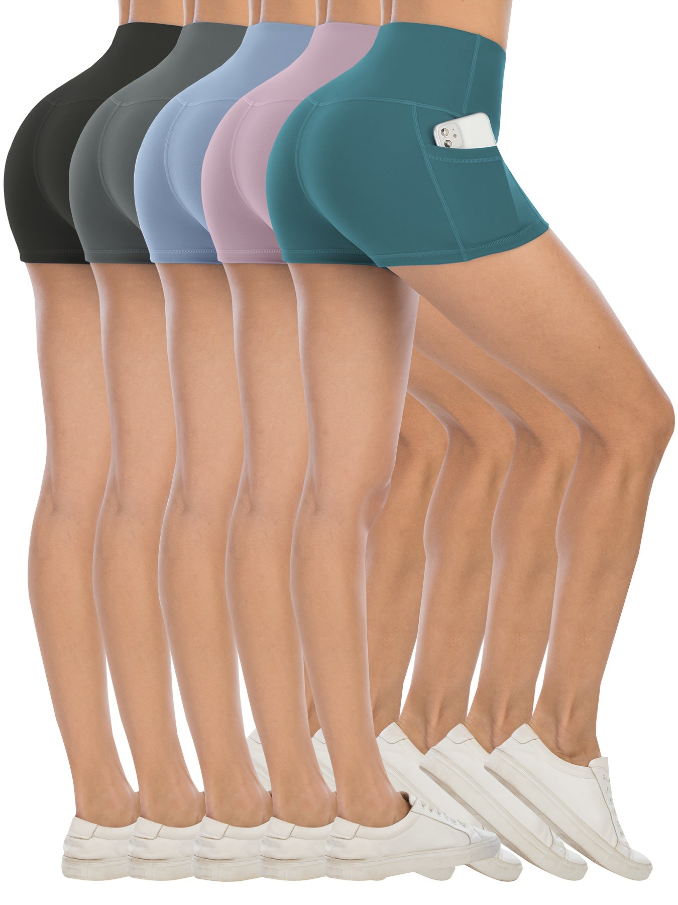 Set of biker shorts with pockets in various colors displayed on a white background.