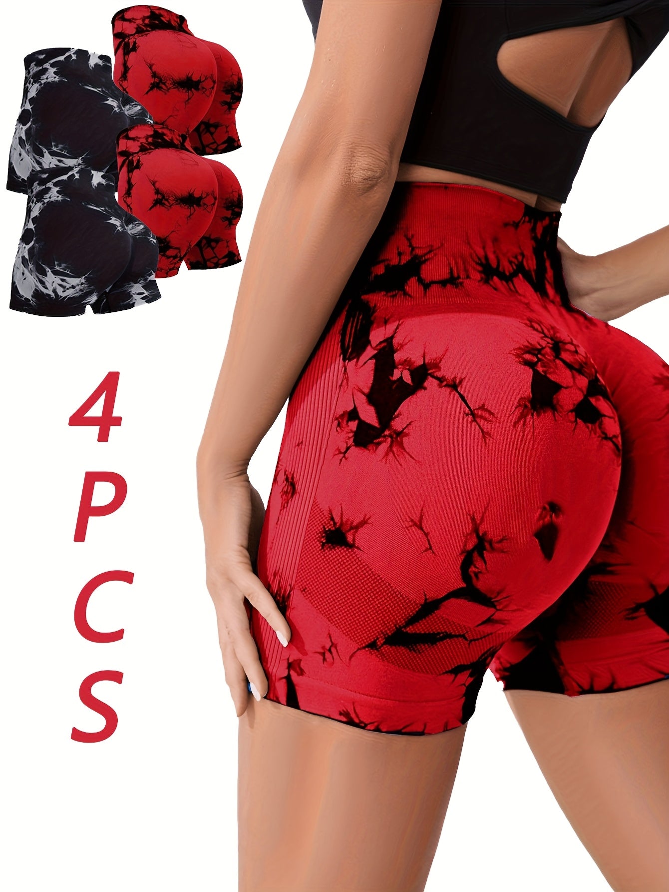 Red and black patterned women's yoga shorts with a model wearing them, shown with four pairs in the top left corner.