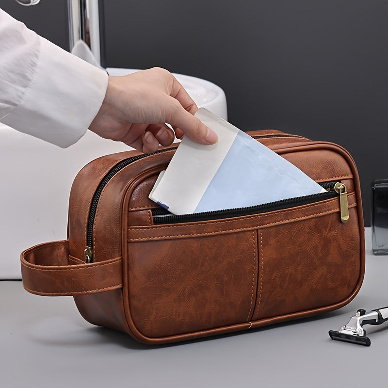 Brown leather toiletry bag with a person opening it to reveal tissues inside.
