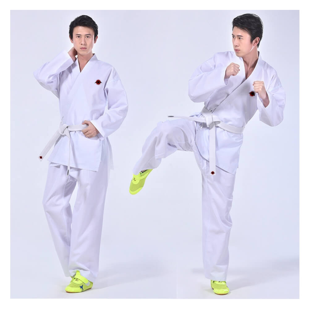 A man wearing a Kumite Karate Uniform sold by 100 Spartans