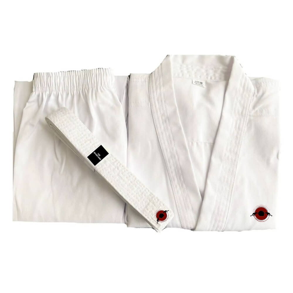 A set of folded white 10oz Men's Classic Karate Gi sold by 100 Spartans
