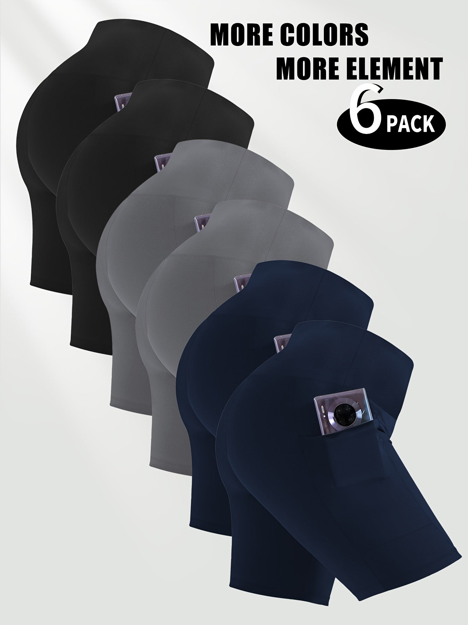 Six pairs of women's workout shorts with pockets in black, gray, and navy on a white background with '6 Pack' branding.