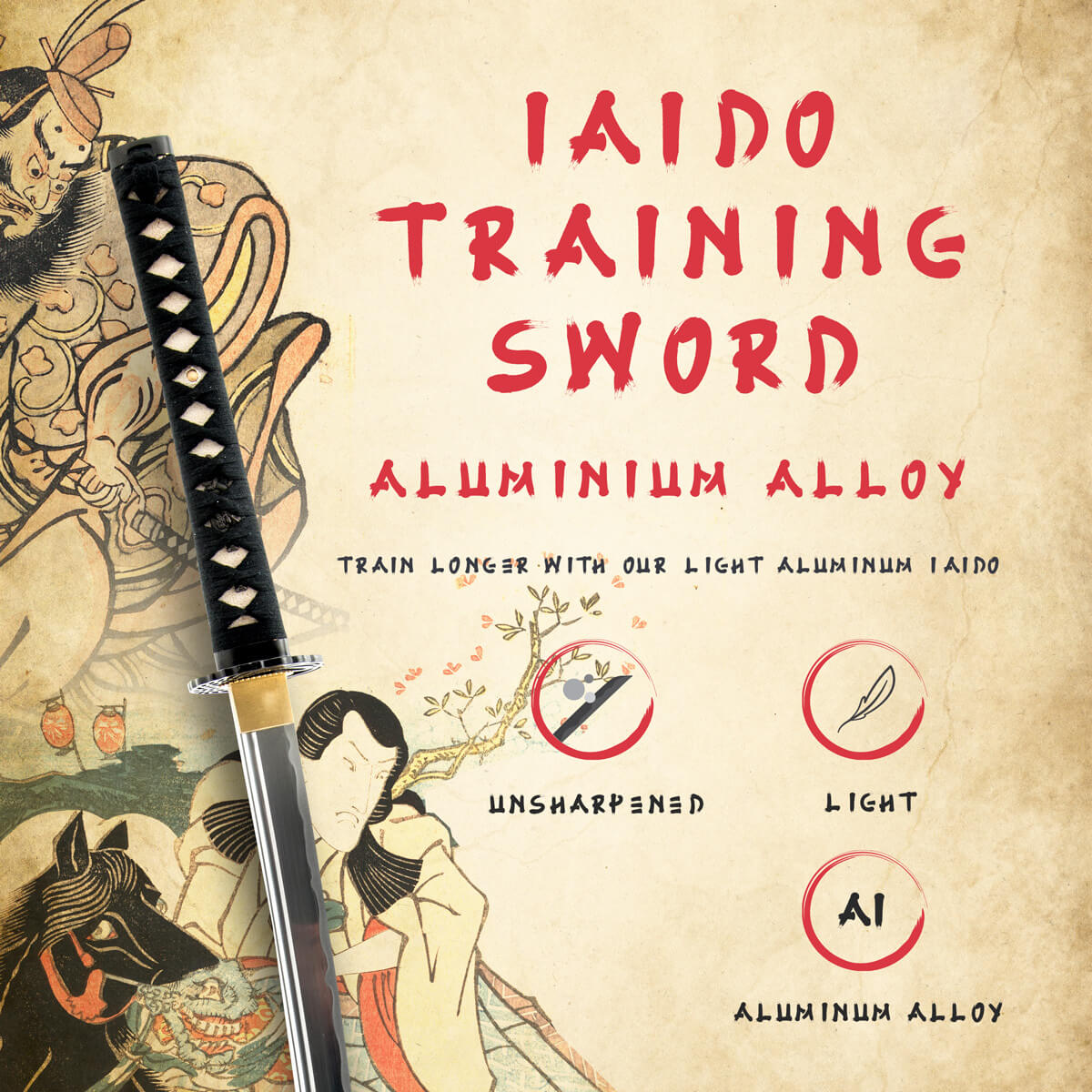Iaido training sword with vintage Japanese design and text on a textured background