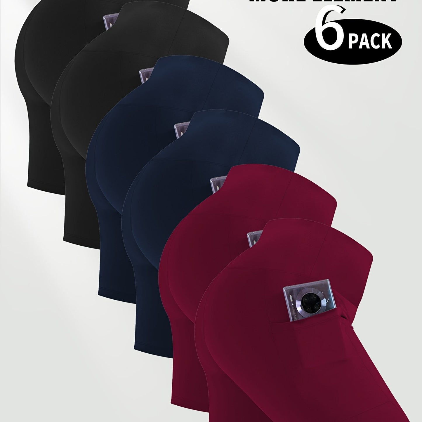 Set of women's workout shorts with pockets in black, navy, and red with a brand logo on a white background.