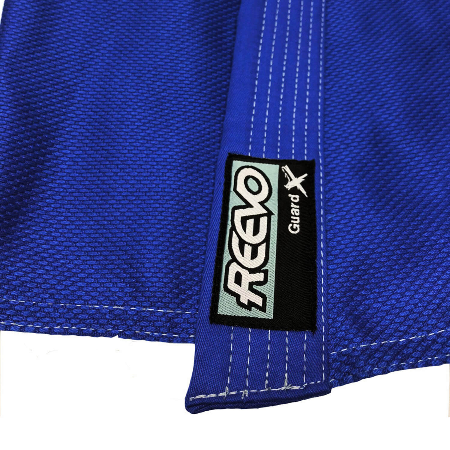 Blue bjj gi with a REEVO Guard logo on a white background