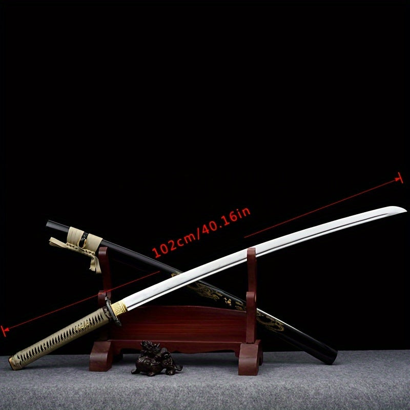 Antique Japanese Samurai Katana Sword on a stand with measurement text against a dark background