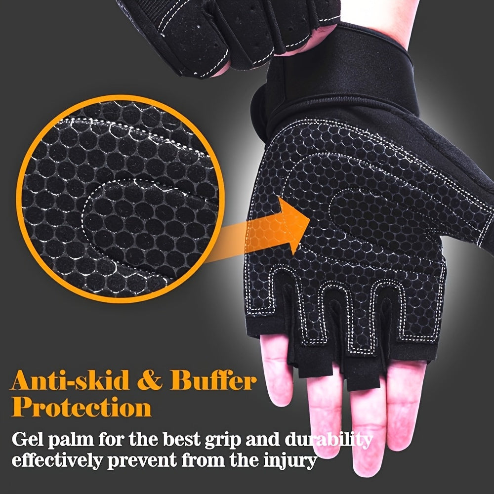 Black padded workout gloves with anti-skid and buffer protection on a dark background