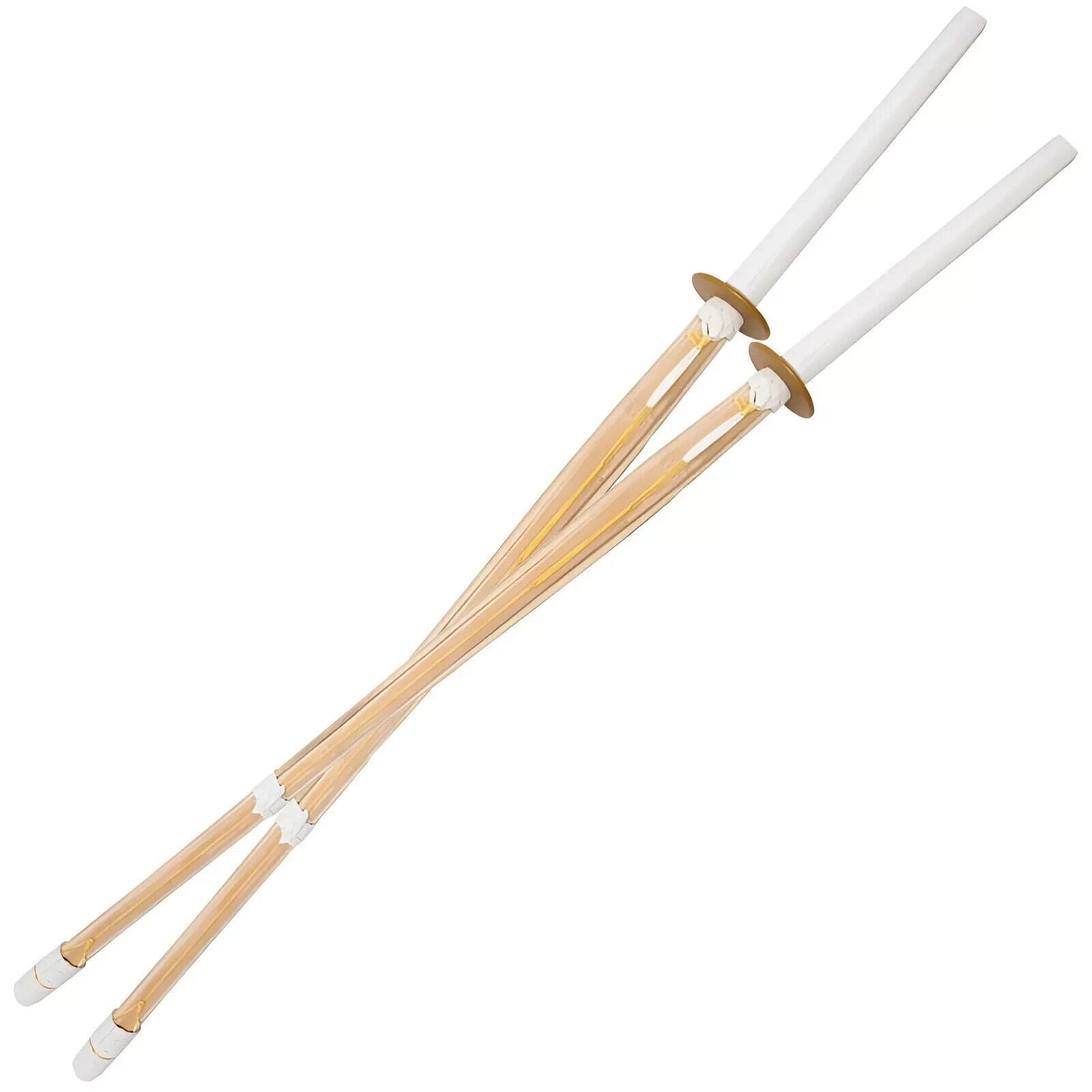 Two bamboo practice swords with white ends on a white background