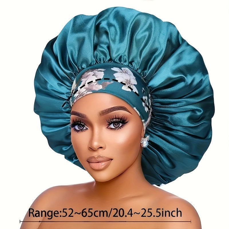 Teal satin bonnet with floral band worn by a model on a white background
