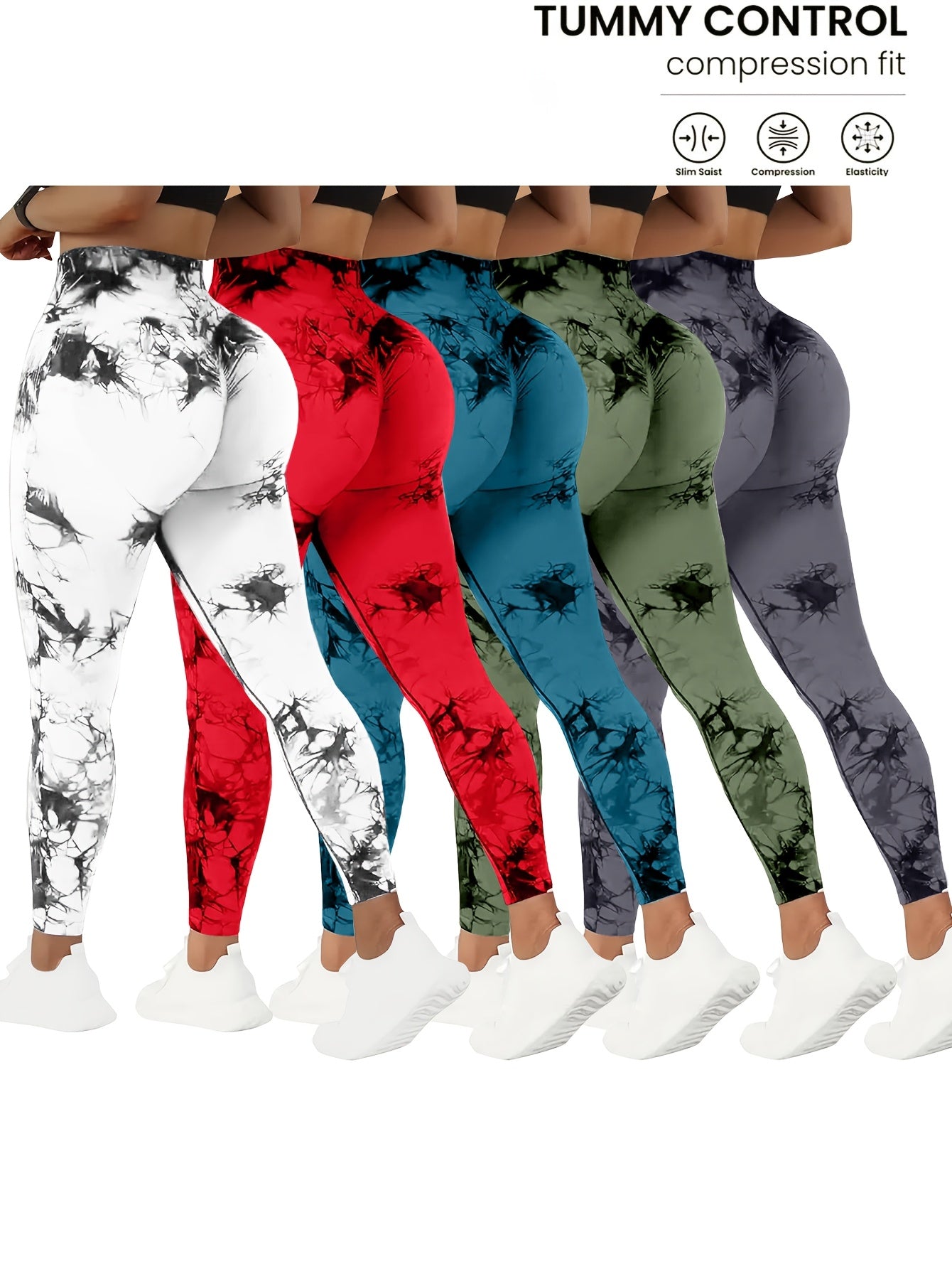 Women wearing different colors of high waisted yoga leggings sold by 100 Spartans
