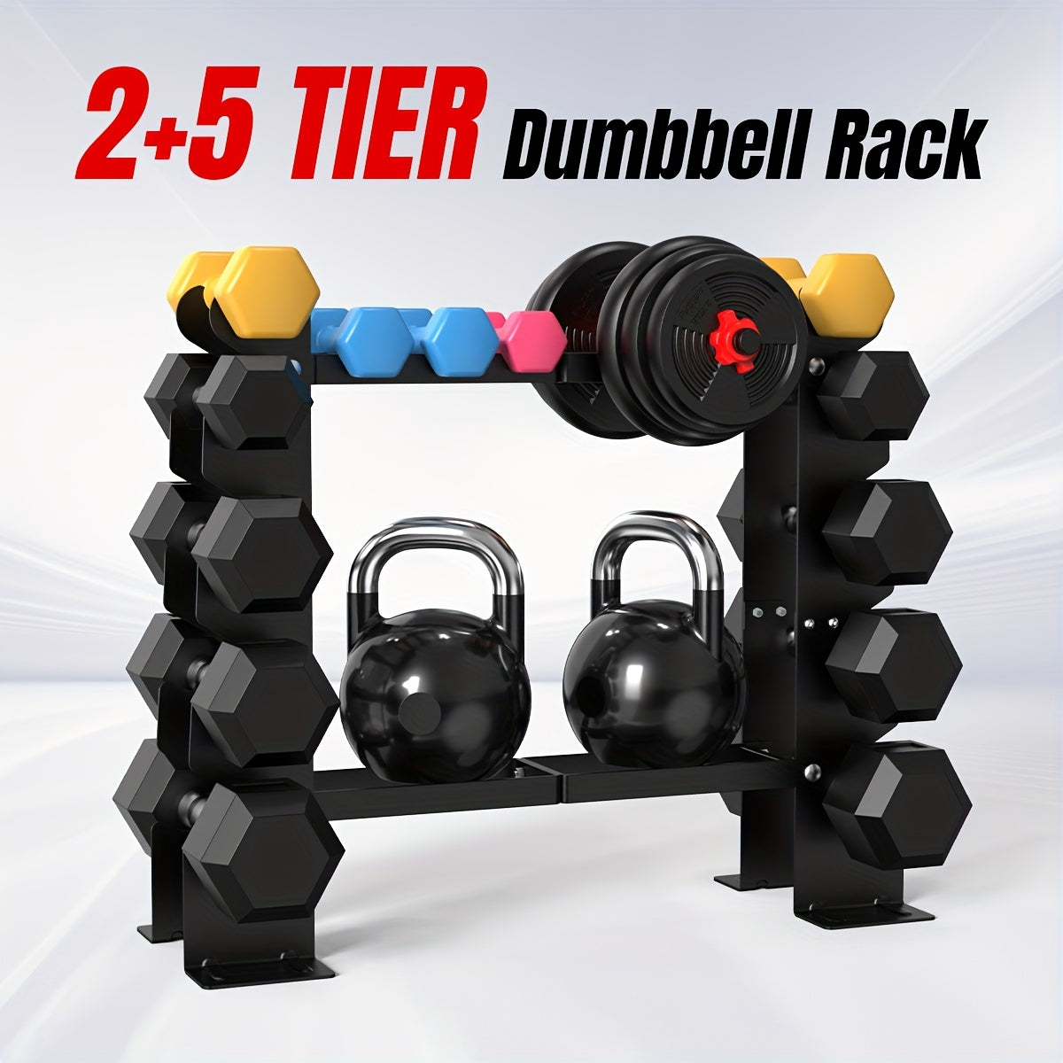 2+5 Tier Dumbbell Rack with weights and kettlebells on a white background