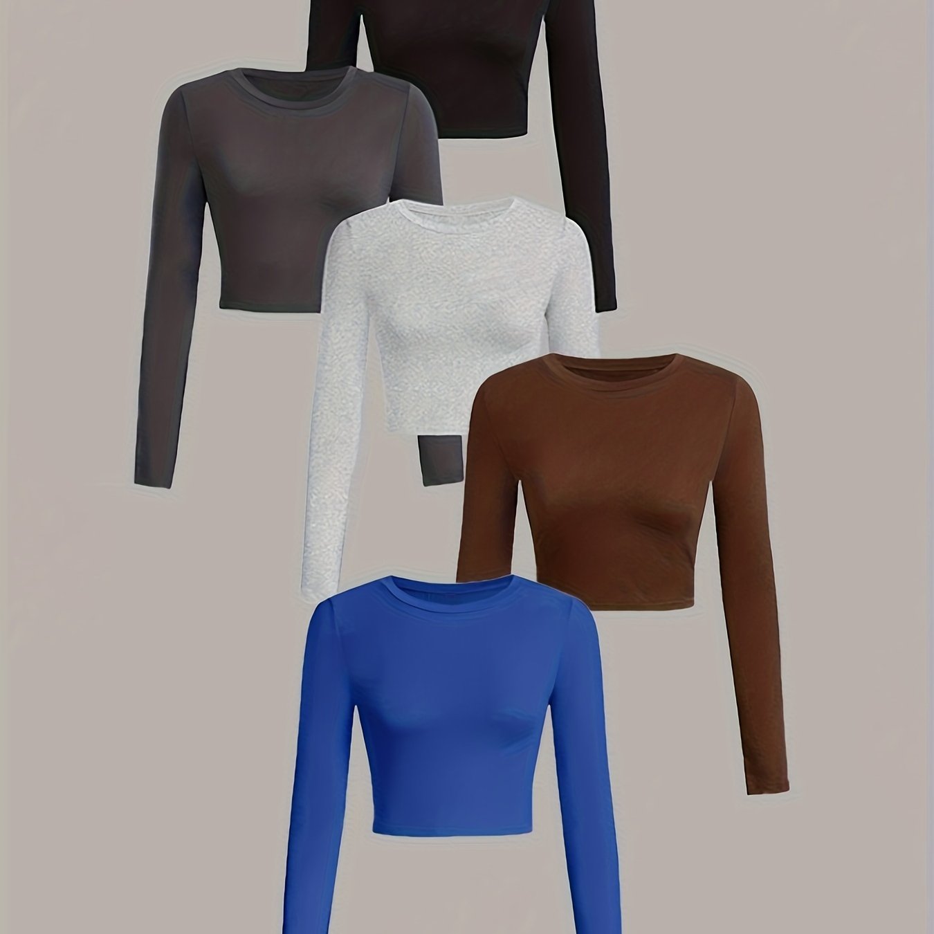 Five long-sleeve crop tops in different colors on a beige background