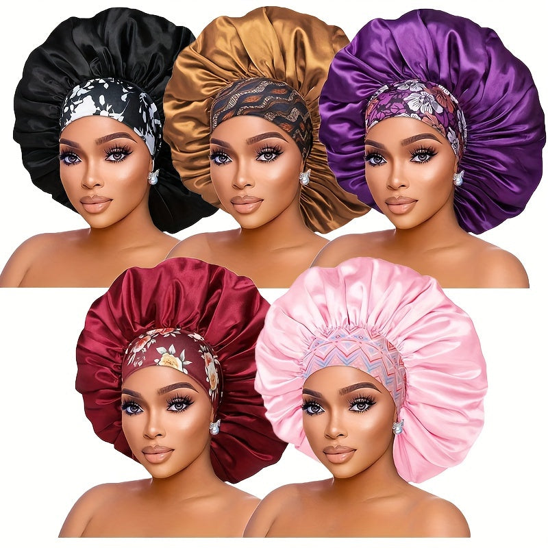 Five women wearing satin bonnets in black, gold, purple, red, and pink on a white background.